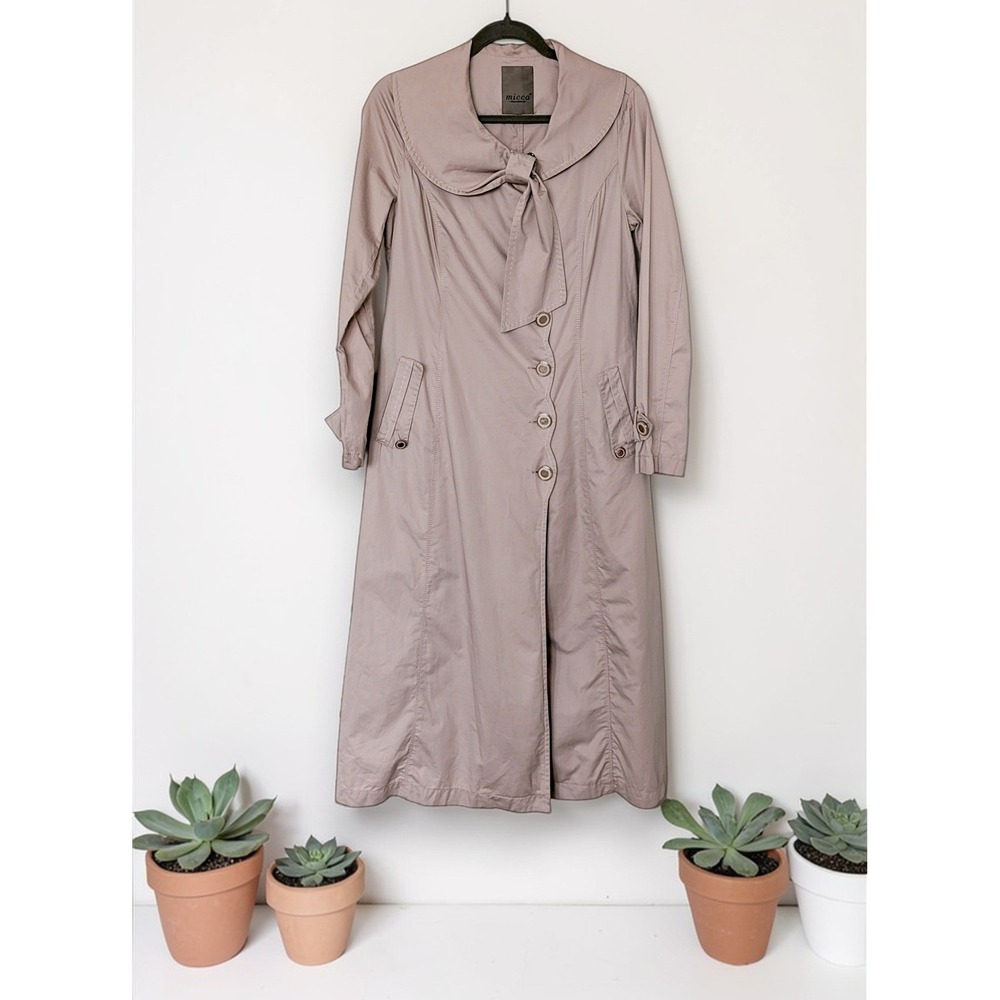 Micca Bow Collar Retro Trench Women's 42 Mauve Taupe Longline Cotton‎ Jacket 50s
